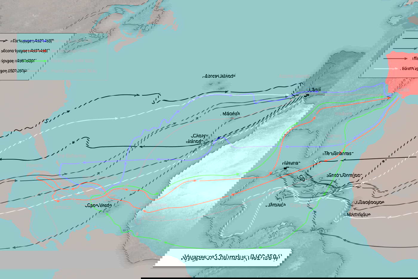 Map showing the four voyages of Columbus. Source: TheCollector
