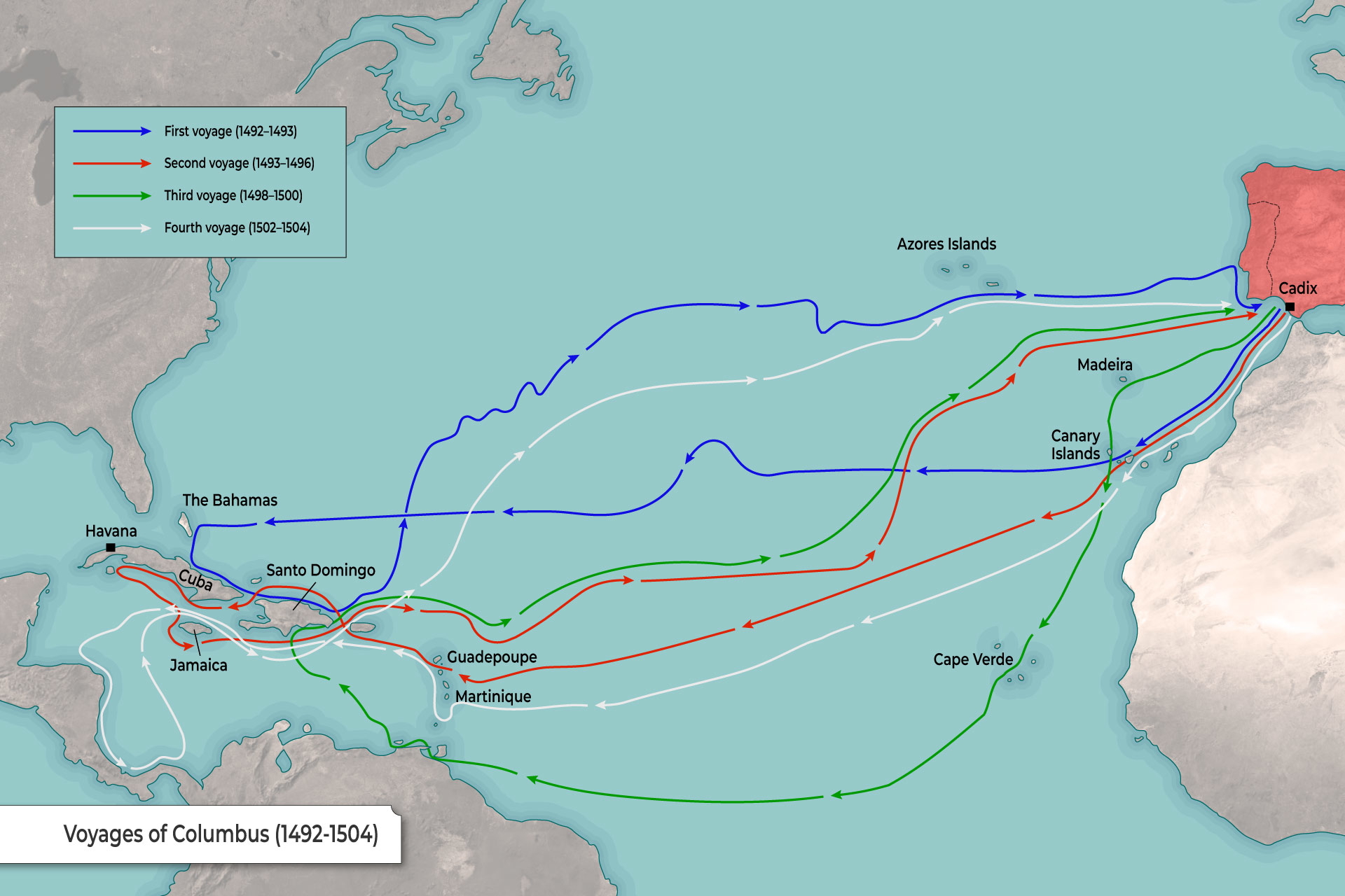 Map showing the four voyages of Columbus. Source: TheCollector