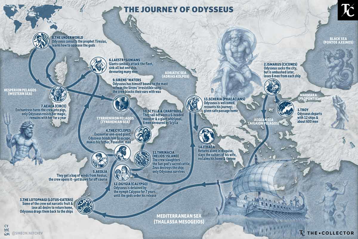 Map of the travels of Odysseus according to Homer's Odyssey. Source: TheCollector