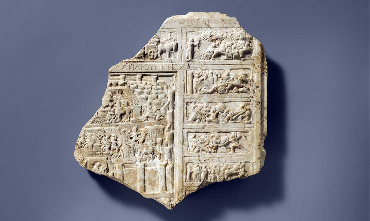 stone relief troy scene