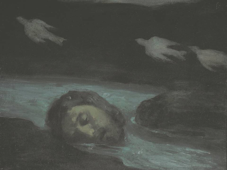 <em>The Head of Orpheus Floating Down the River Hebrus to the Sea</em>, by Kahlil Gibran, c. 1908-1914. Source: Telfair Museums
