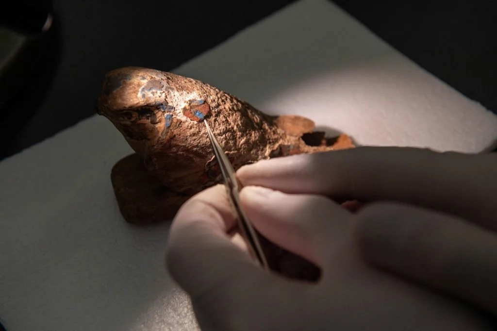 sample of blue pigment from an ancient Egyptian wooden falcon