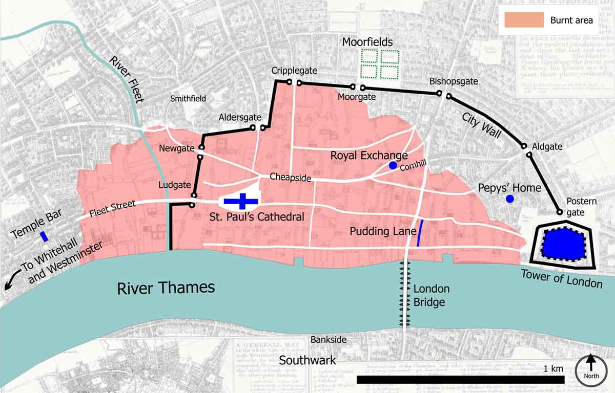 map burnt area great fire london