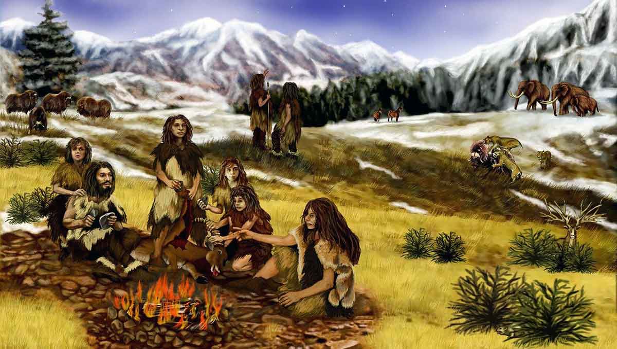 neanderthal group fire illustration