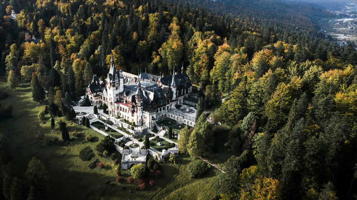 peles castle aerial photo