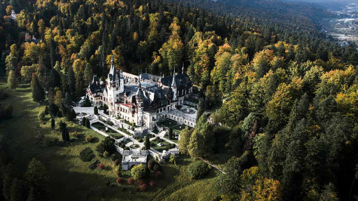 peles castle aerial photo