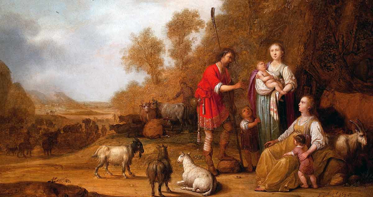 potter jacob urging leah and rachel to flee from laban painting