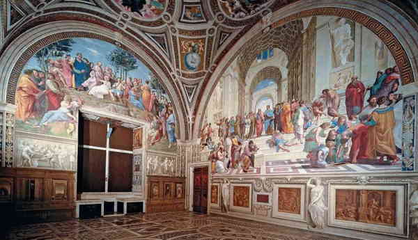 The School of Athens fresco inside the Raphael Rooms in Vatican City