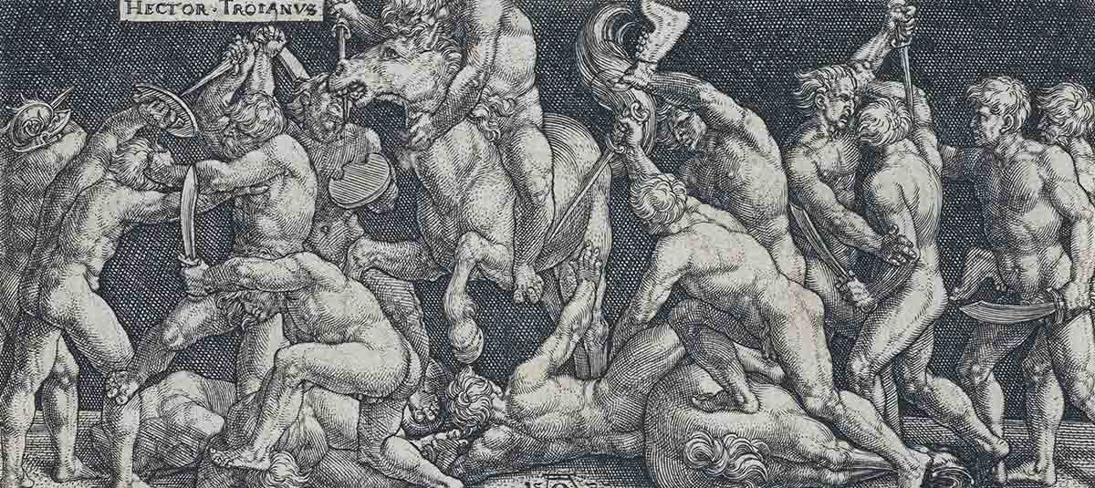 aldegrever hector fighting greeks engraving