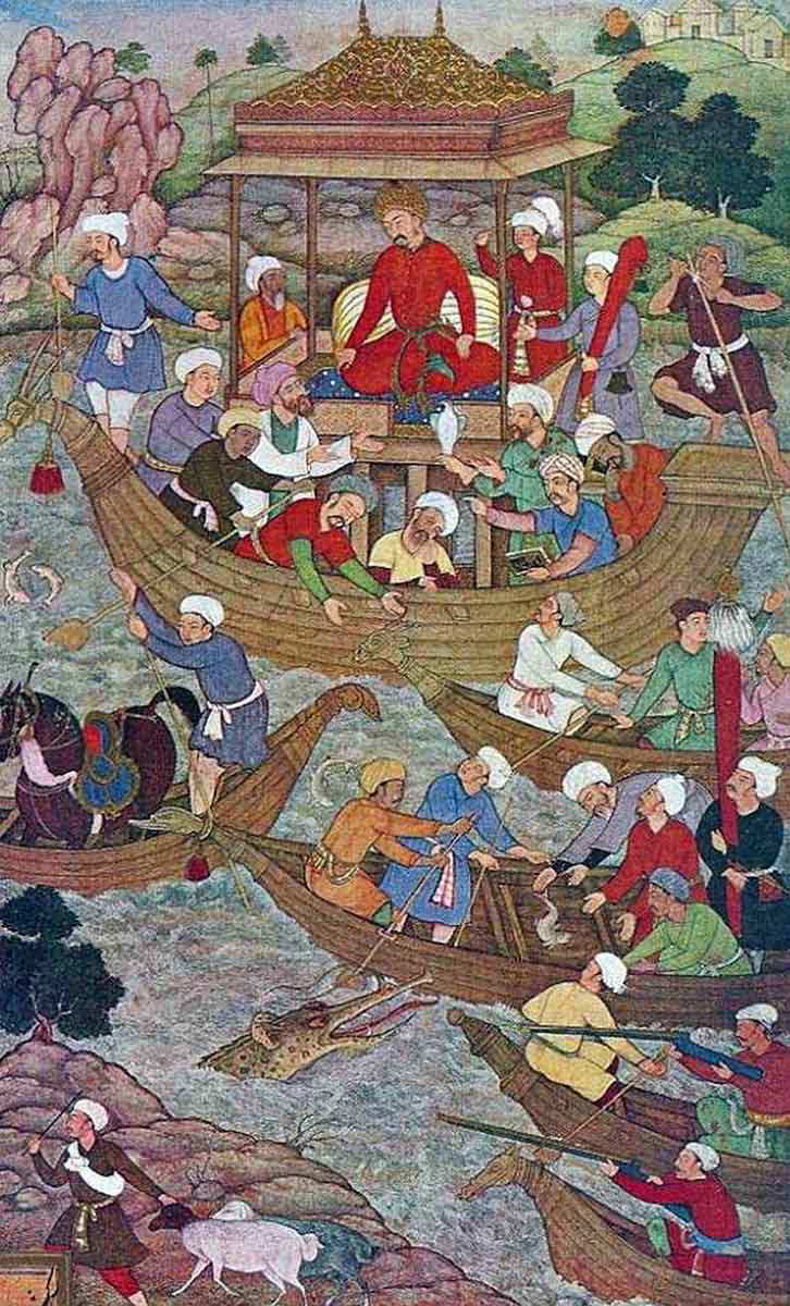babur crossing the river son painted manuscript