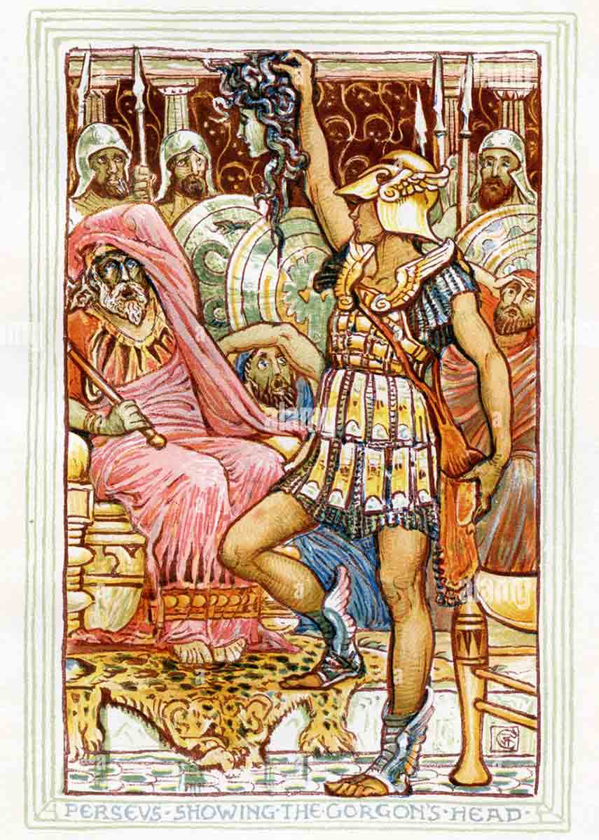 crane perseus delivering medusa head illustration