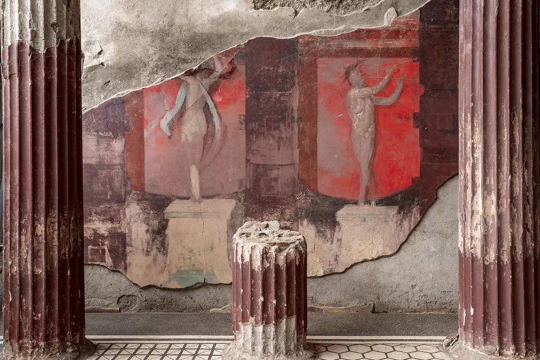 Satyrs play flutes and pour wine in Dionysian frescoes at Pompeii