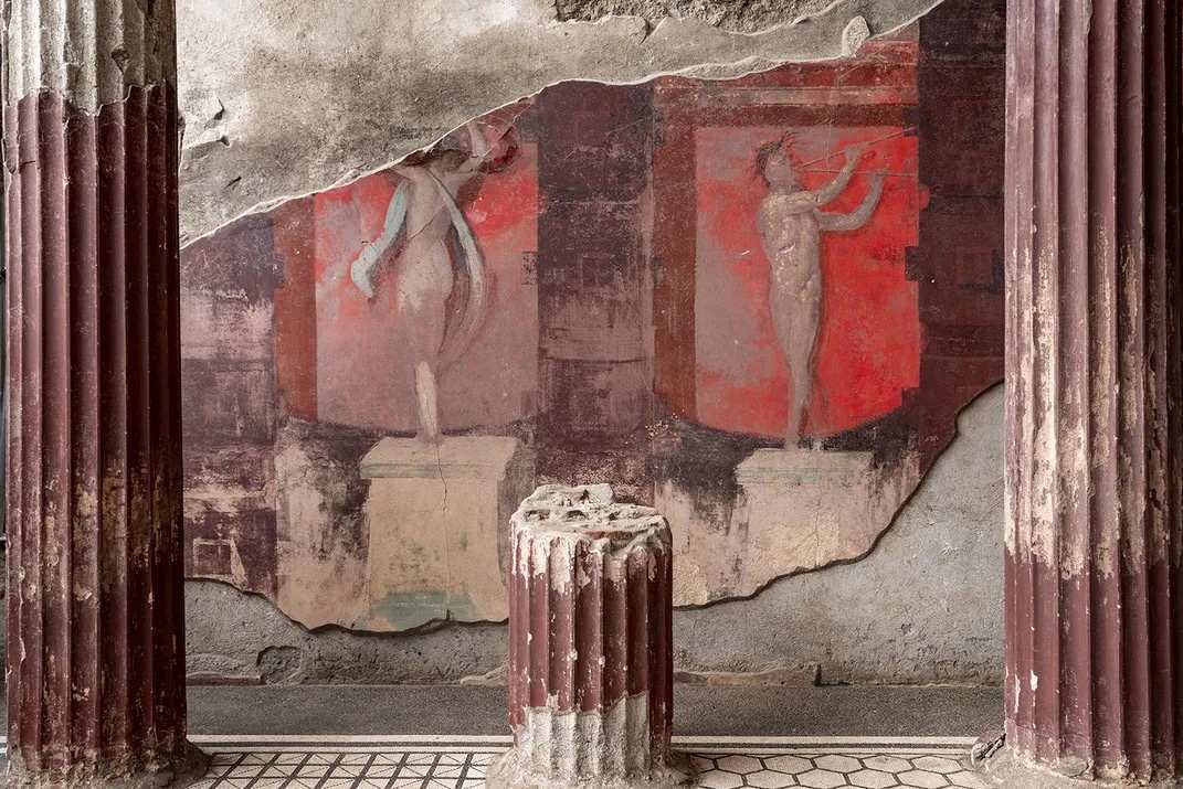 Satyrs play flutes and pour wine in Dionysian frescoes at Pompeii
