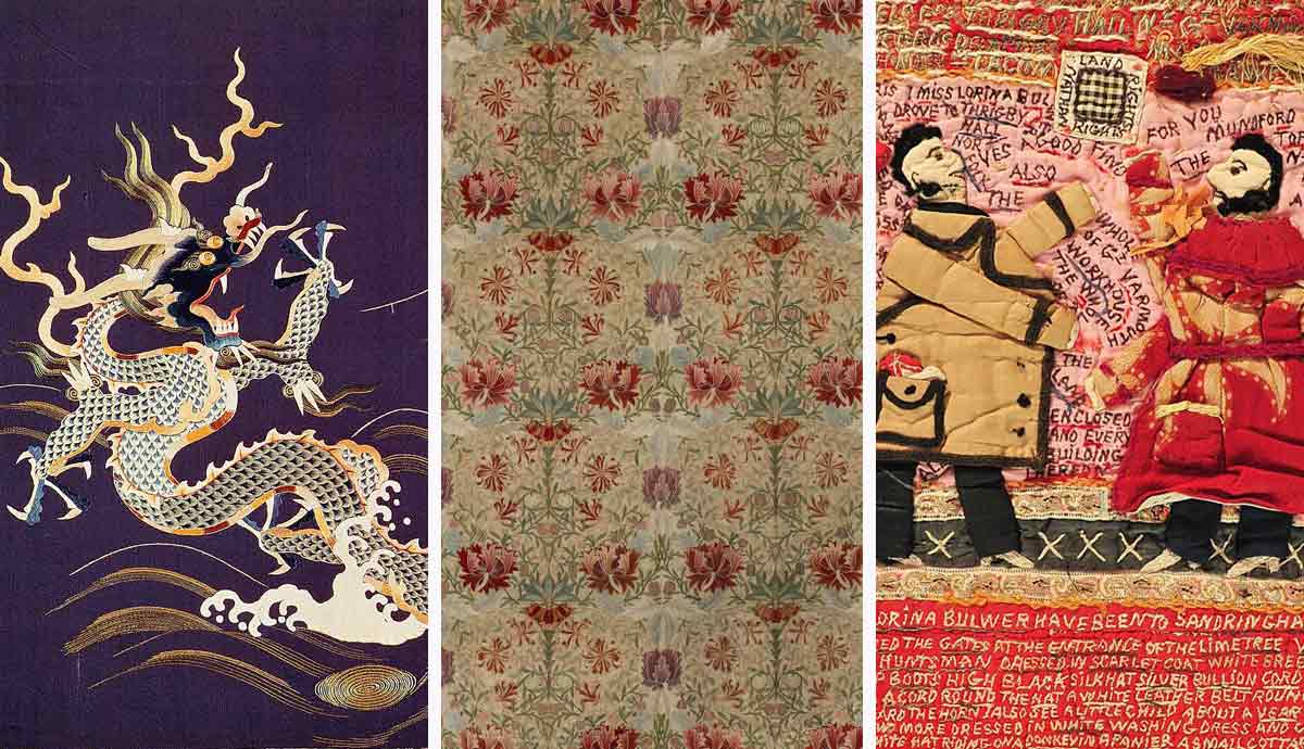 three distinct textile art pieces