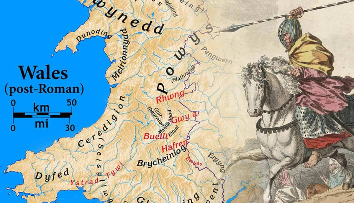 Post-Roman Wales map with mounted warrior illustration