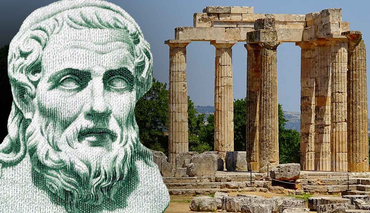 poet Hesiod alongside the ruins of Temple
