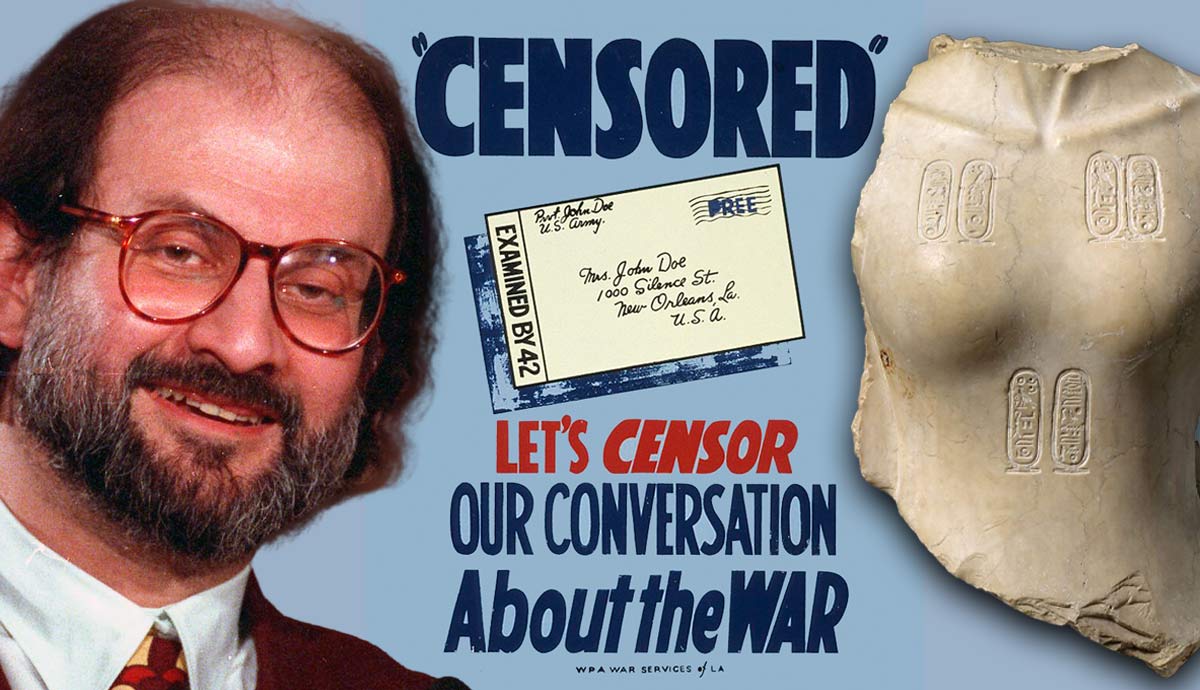 Salman Rushdie with WWII poster warning against careless talk