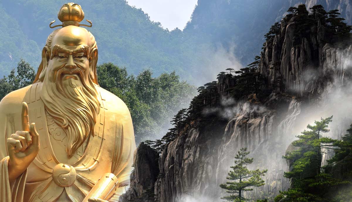 Lao Tzu statue and mountains compilation
