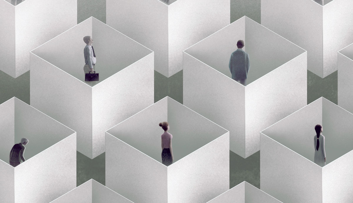 individuals isolated within separate, open-top cubes