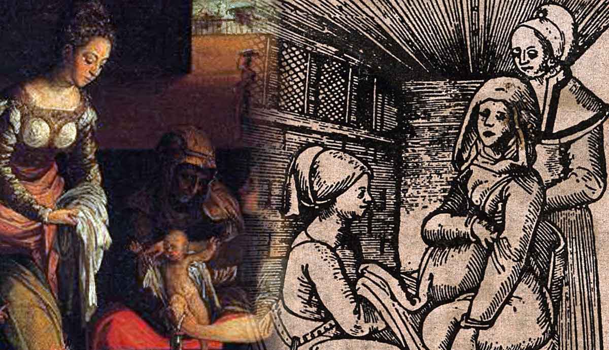 Renaissance childbirth scene and birthing chair