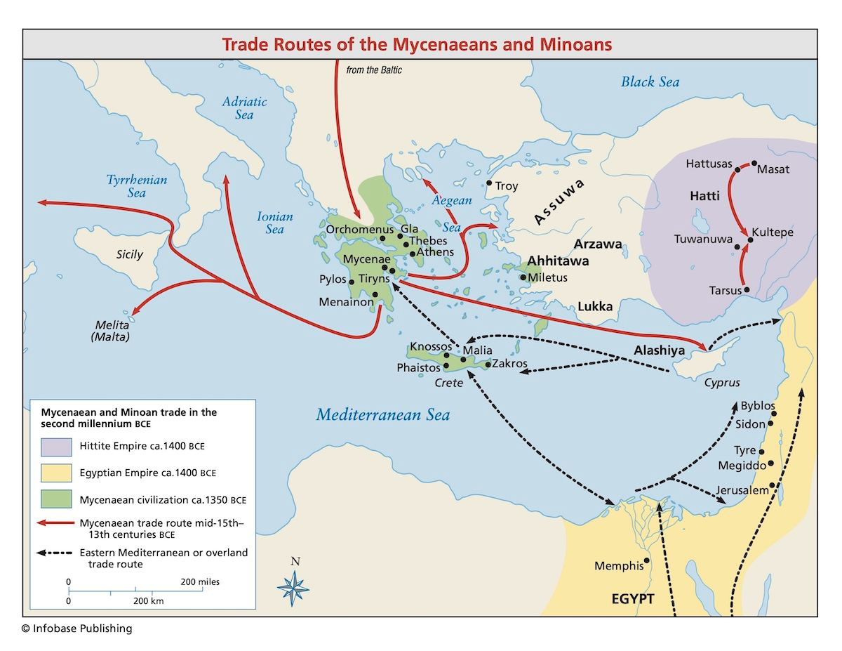 Map illustrating Mycenaean trade routes from the 15th century BCE to the 13th century BCE