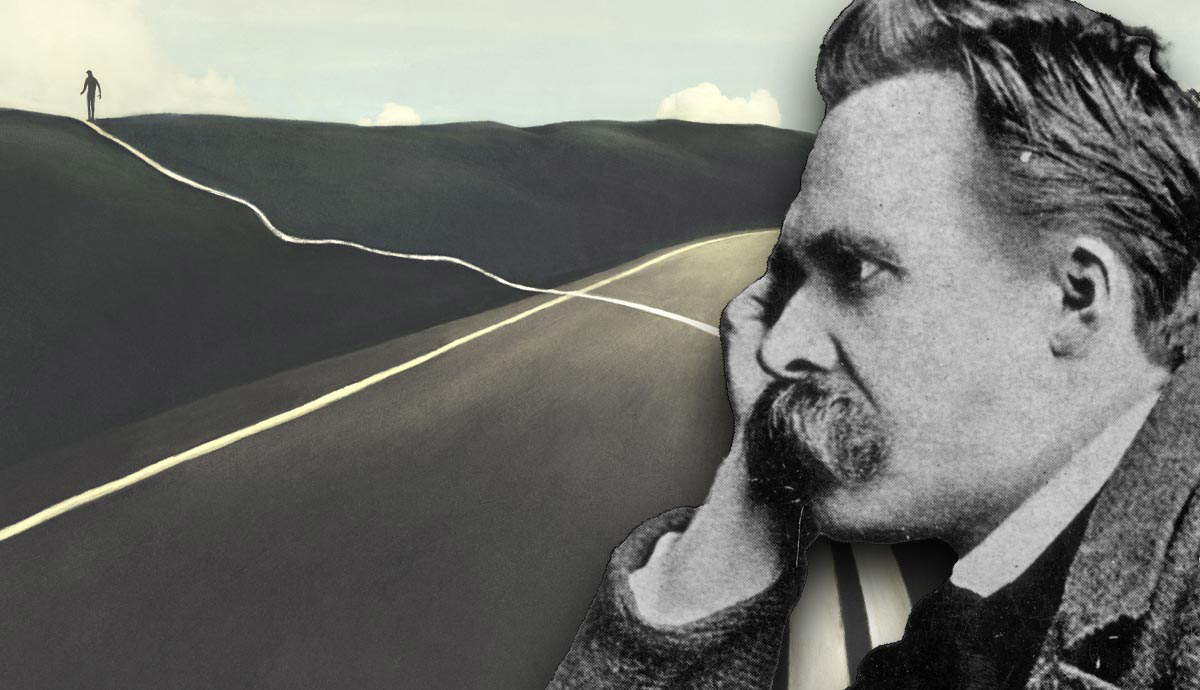 Nietzsche portrait over symbolic philosophical landscape