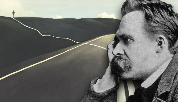 Nietzsche portrait over symbolic philosophical landscape