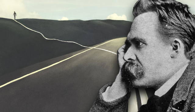 Nietzsche portrait over symbolic philosophical landscape