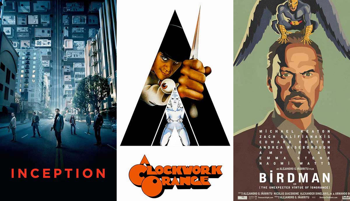 Posters for Inception, Clockwork Orange, Birdman