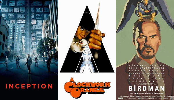 Posters for Inception, Clockwork Orange, Birdman