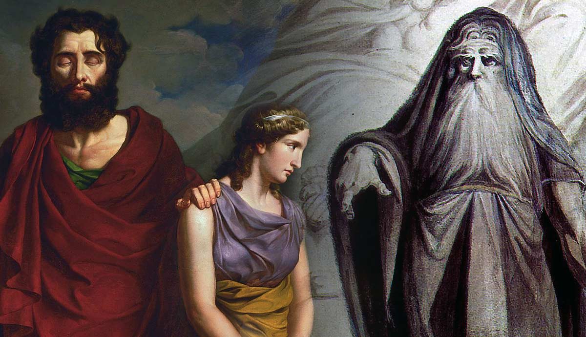 image depicts Oedipus, Antigone, Tiresias