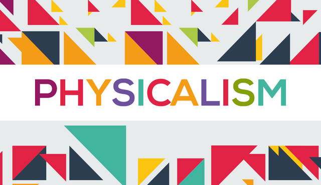 "PHYSICALISM" in colorful blocks, geometric background