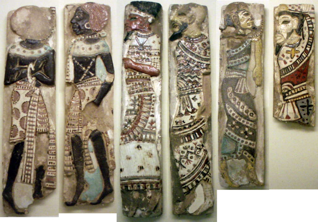 Ramesses III prisoner tiles: Inlay figures, faience and glass, of "the traditional enemies of Ancient Egypt," Medinet Habu,. Source: Museum of Fine Arts, Boston