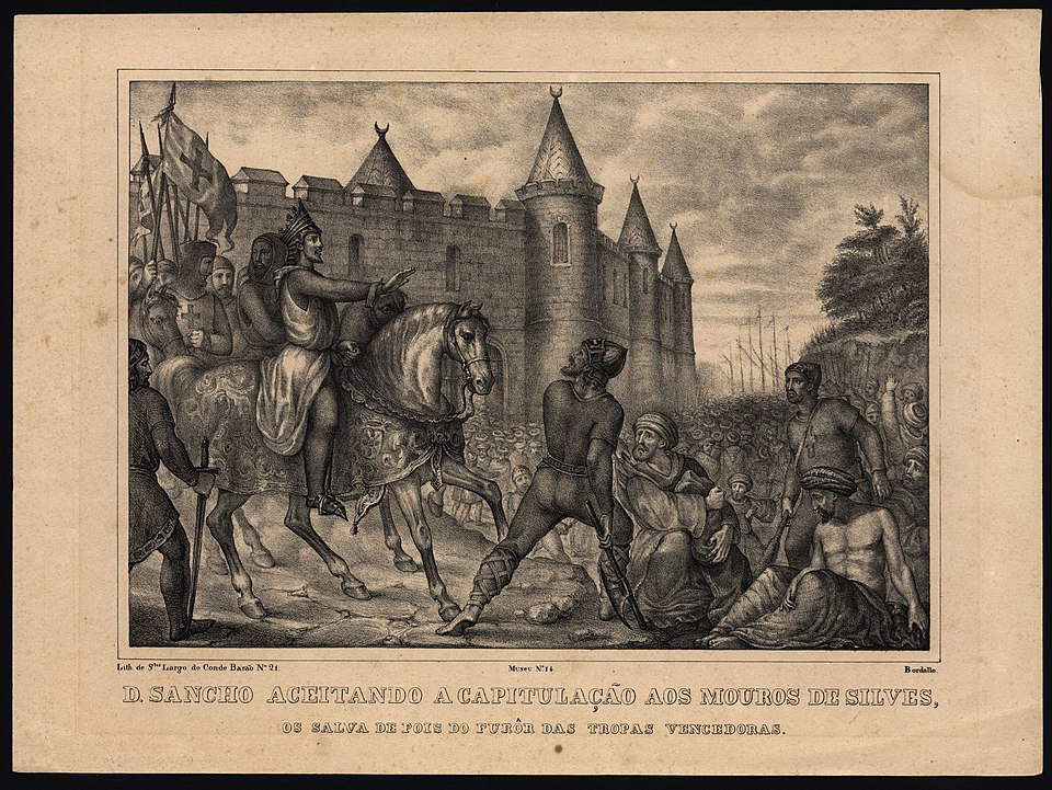 Sancho aceitando a capitulação aos mouros de Silves, os salva depois do furôr das tropas vencedoras (Sancho accepting the capitulation of the Moors of Silves), by Roque Gamerio, 1840. Source: National Library of Portugal