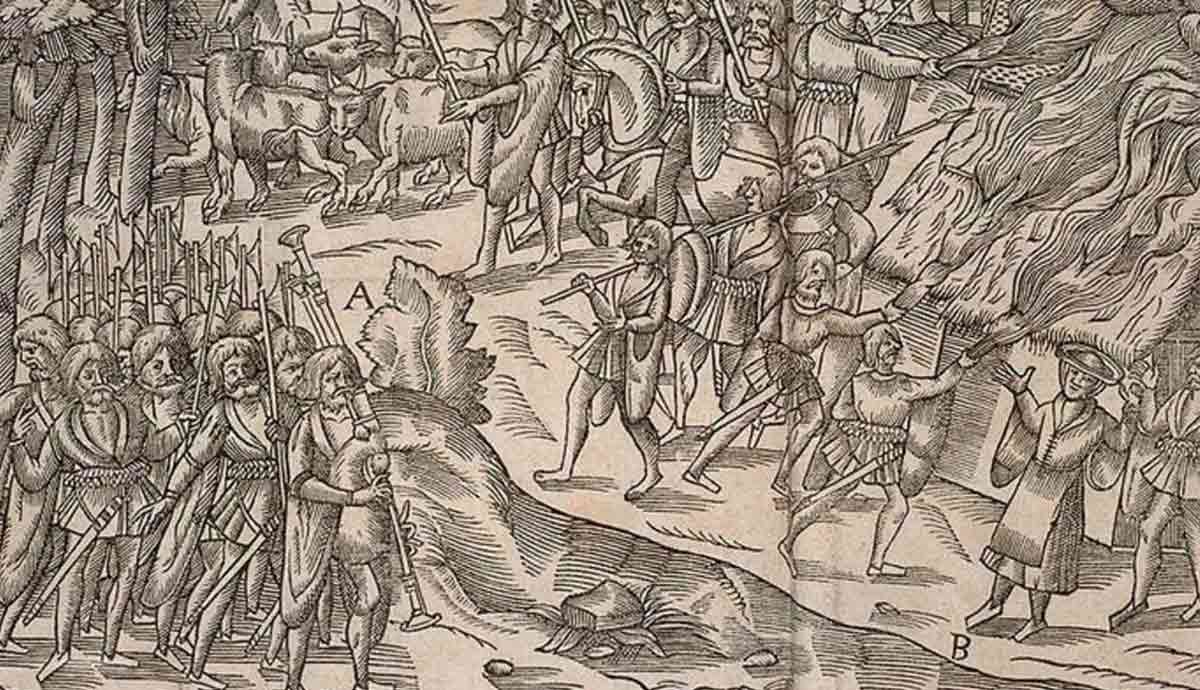 Depiction of a raid by Irish warriors from The Image of Irelande, John Derrick