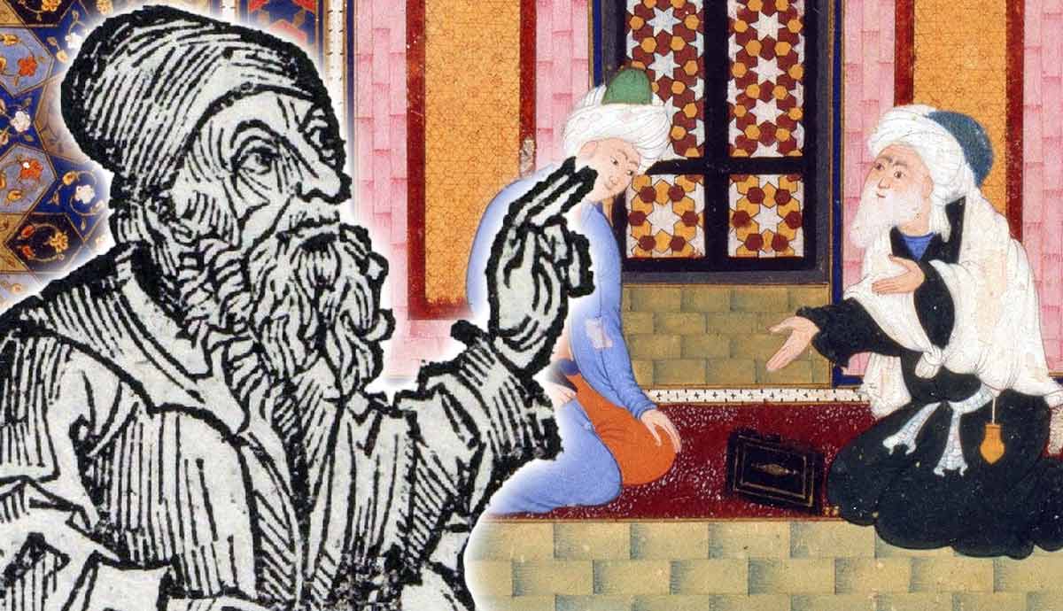 Artistic impression of Farabi; Theologians meeting painting
