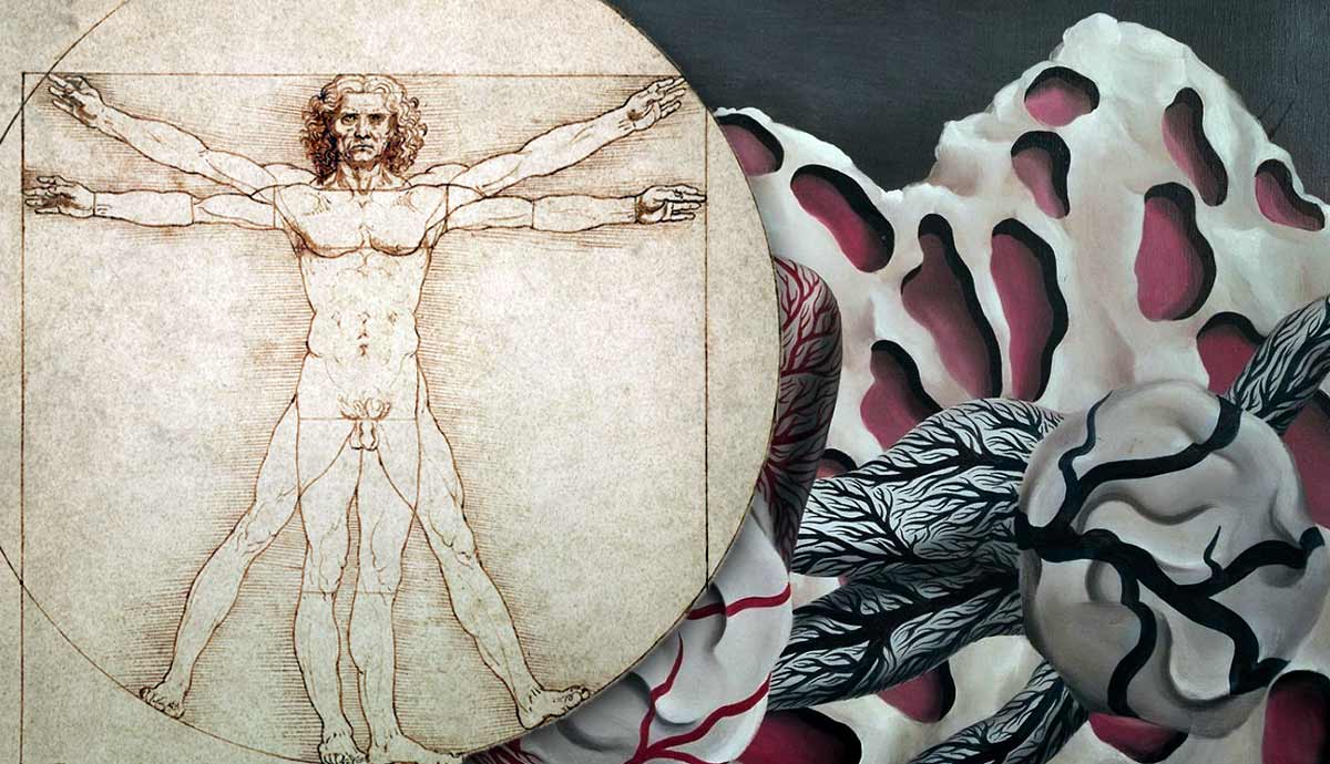 Vitruvian Man alongside organic abstract art