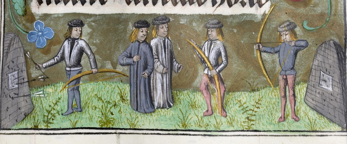 An archery contest, Flemish manuscript (W.439.54R), c. 1480-90. Source: Walters Art Museum