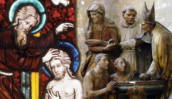 Baptism of Jesus stained glass; baptismal relief