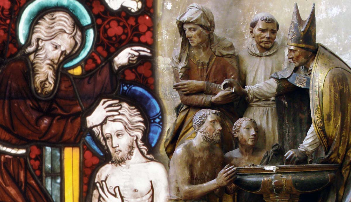 Baptism of Jesus stained glass; baptismal relief