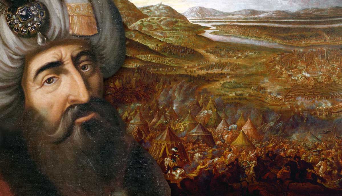 Ottoman leader with battle scene backdrop