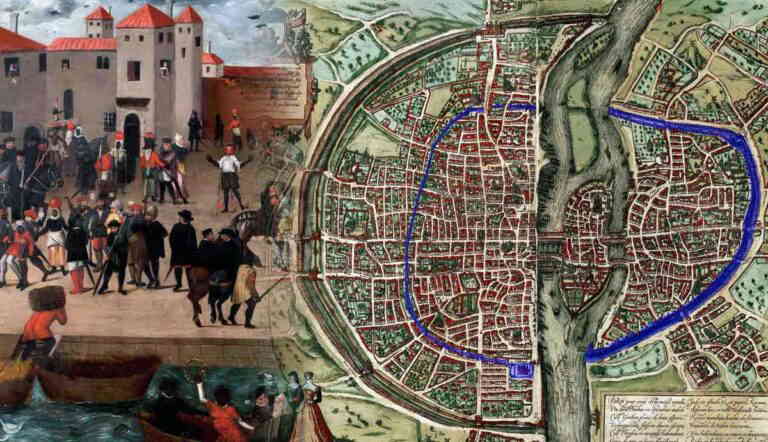 King’s Fountain Lisbon painting; 1572 Paris map