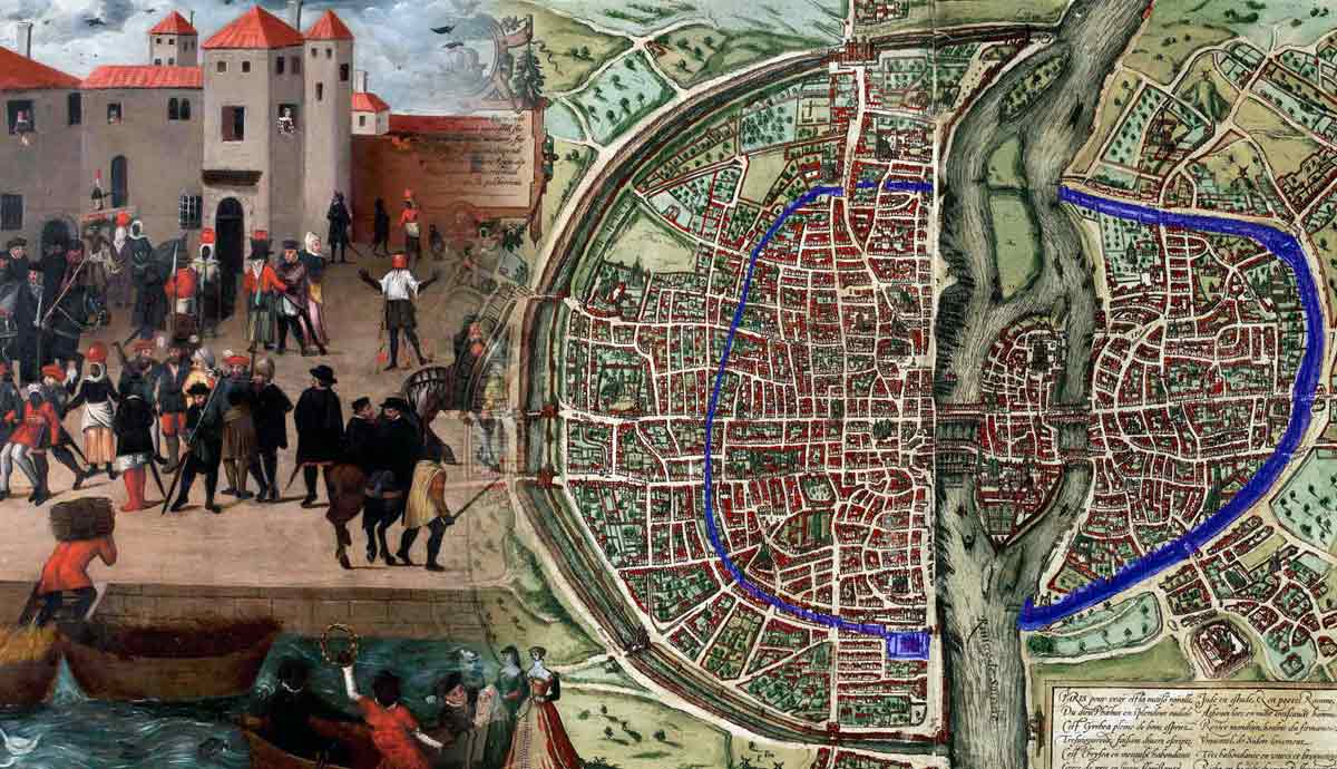 King’s Fountain Lisbon painting; 1572 Paris map