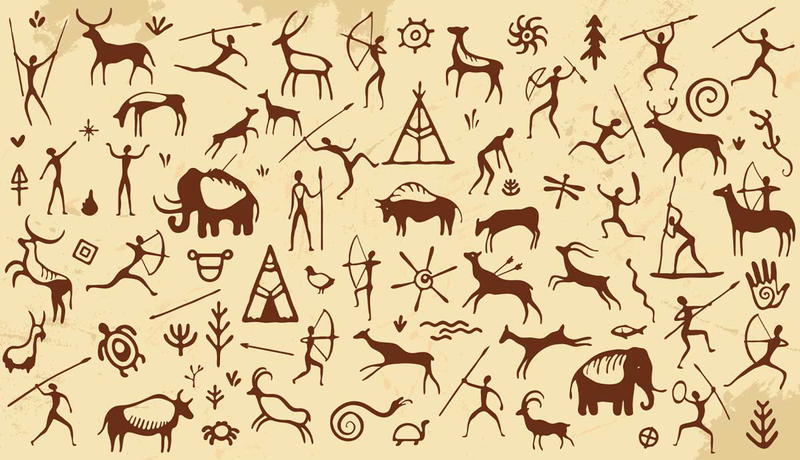 Cave art with hunters and animals