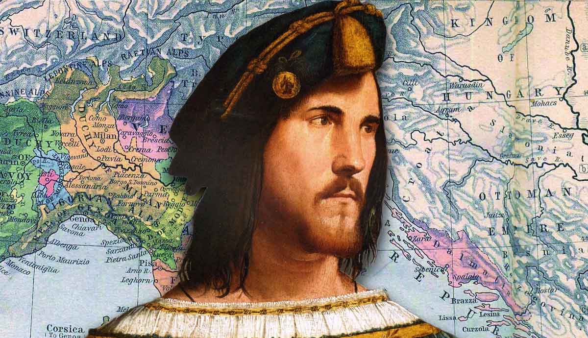 Cesare Borgia portrait over Renaissance map