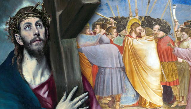 Jesus carrying the cross and Judas' betrayal