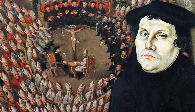 Martin Luther portrait with Reformation assembly painting