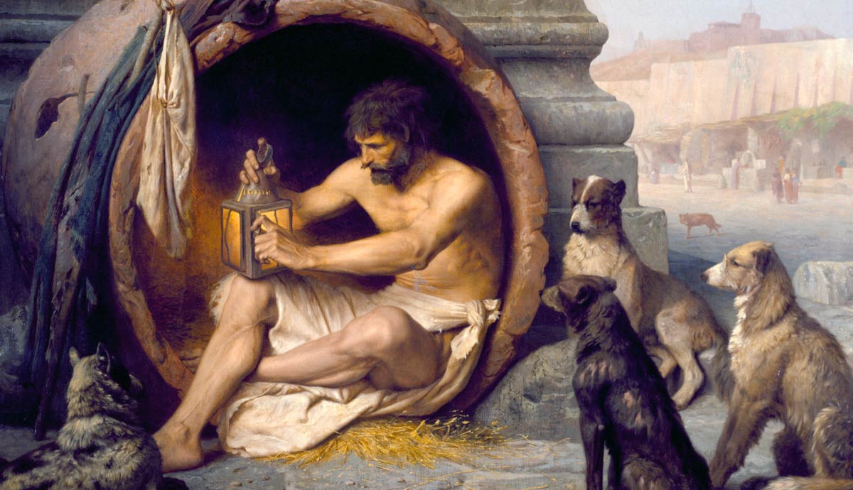 Diogenes with lantern in barrel surrounded by dogs painting