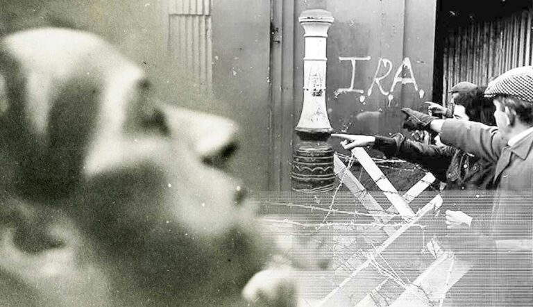 Protesters and starving Irish revolutionary juxtaposed