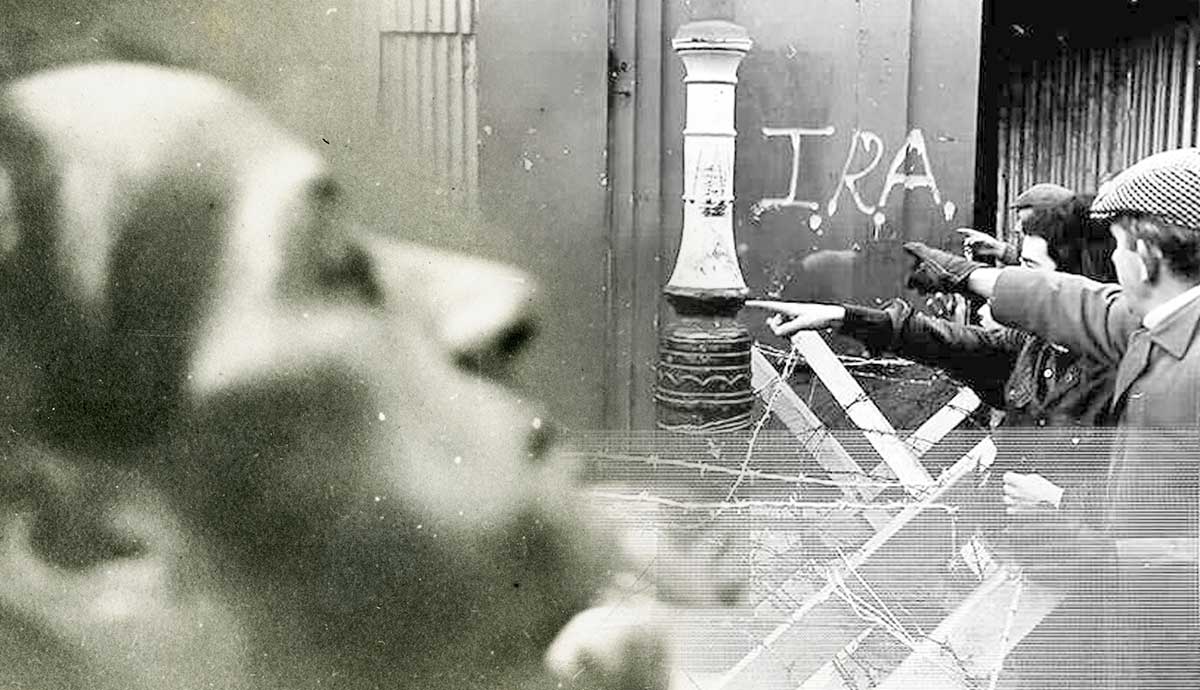 Protesters and starving Irish revolutionary juxtaposed
